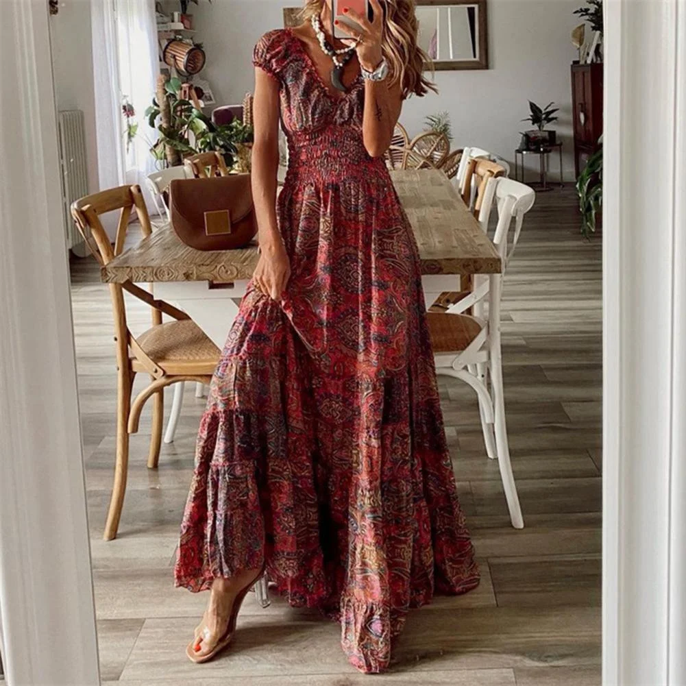 Summer Women Dresses Gypsy Puff Sleeve High Waist Vintage Deep V Neck Summer Dress Boho Long Maxi Dresses Beach Vestidos Robe
