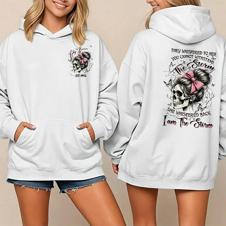 I Am The Storm Skull Hoodie for Boomer Women, Double-Sided Print Sweatshirt, Hoodie, V-neck, T-shirt