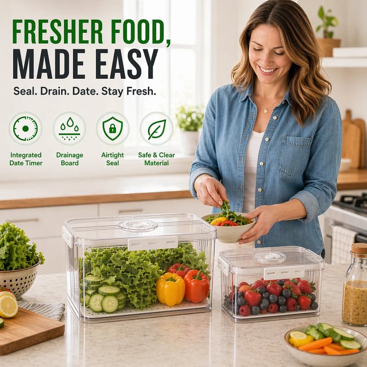 Produce Freshness Containers with Timer & Drainage &ndash; BPA-Free Fridge Organizer
