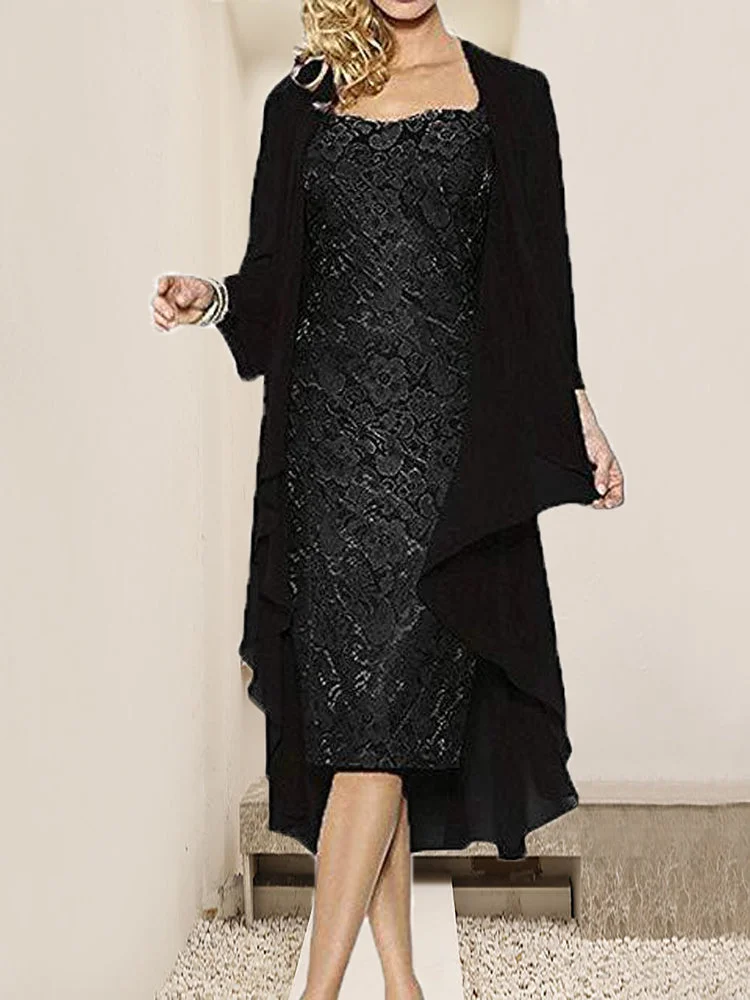 Women's 3/4 Sleeve Scoop Neck Lace Floral Printed Two-Piece Midi Dress