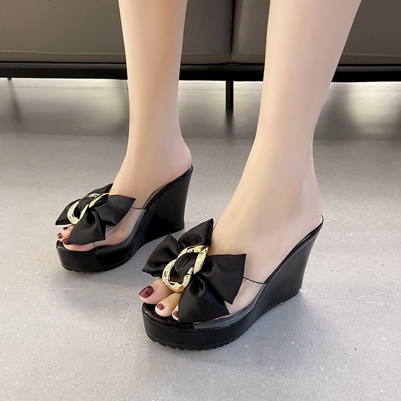 Size 35-40  Spring Summer New Style Ramp Heel Tall Waterproof Platform Sexy Transparent Crystal Bow Lace Flower Female Slippers