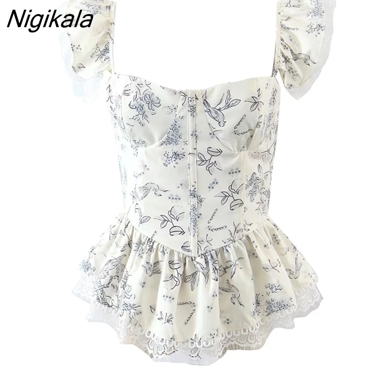 Nigikala 2022 Women Lace Trim Flying Sleeve Floral Print Sexy Blouse Fashion Back Bandage Summer Holiday Boho Tops Blusas