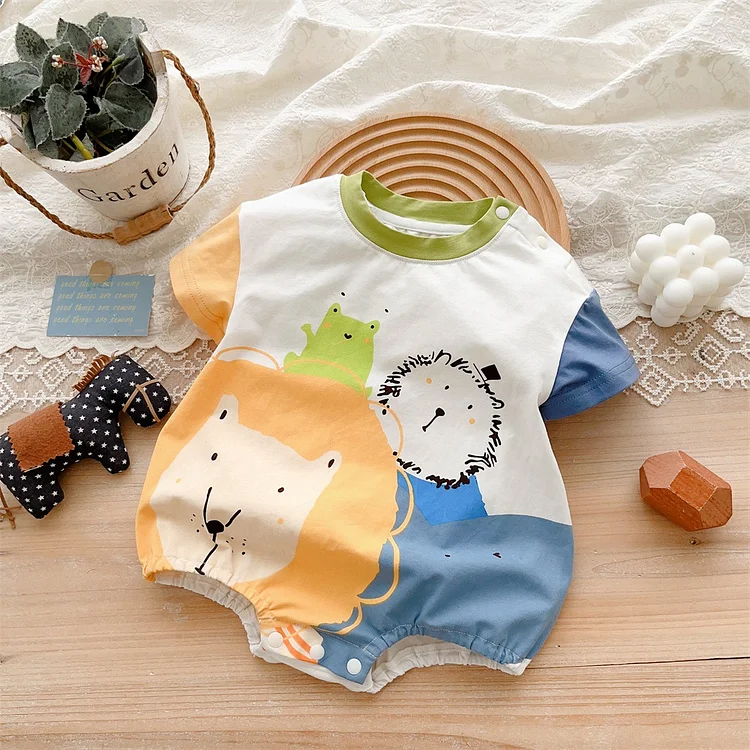 Baby Boy Summer Block Color Contrast Collar Colorful Cute Animals Print Bodysuit