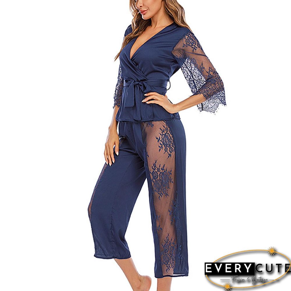 Women 2 Piece Set Sexy Two Piece Fashion Sexy Lace Sets Wear Lounge Wear Pocket Home Sleep Set Tops+pants Suit Female#f30