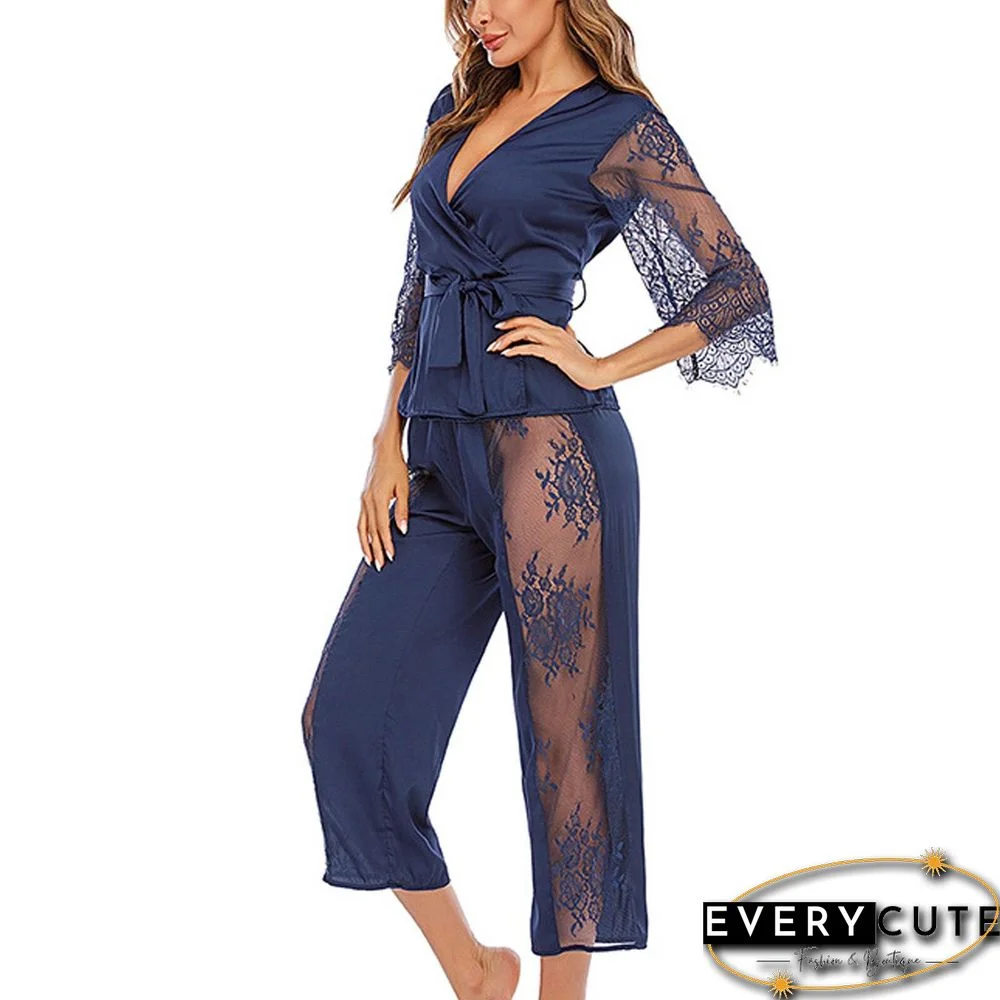 Women 2 Piece Set Sexy Two Piece Fashion Sexy Lace Sets Wear Lounge Wear Pocket Home Sleep Set Tops+pants Suit Female#f30