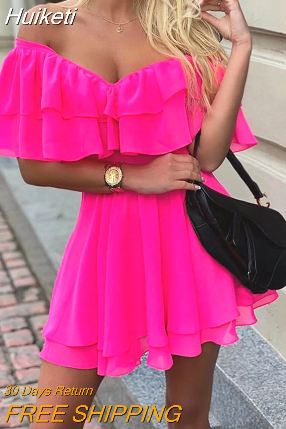 Huiketi Off Shoulder Ruffle Fit Flare Dress Women Solid Casual Dress Summer Dress Mini Elegant Dress