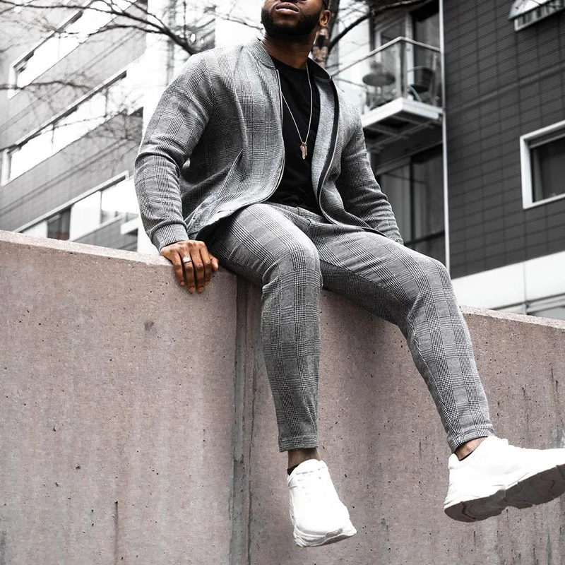 Fashion Grey Plaid Jacket And Pants Two Piece Set