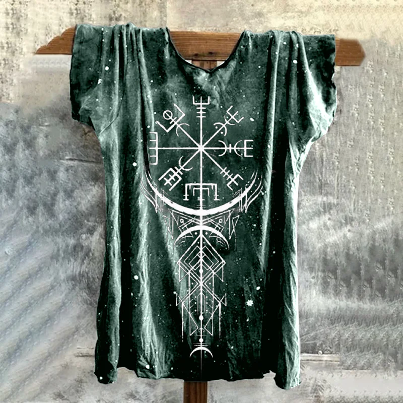 Retro Tie-Dye Viking Totem Print T-Shirt
