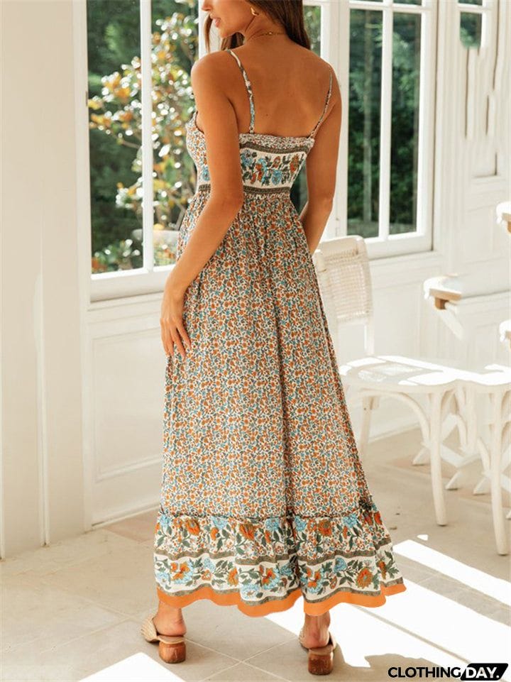 All-Over Floral Print Fitted Waist Pullover Pleated Detailing Spaghetti Strap Dress