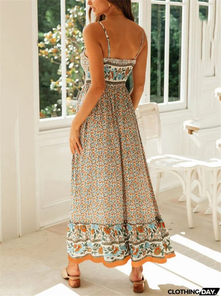 All-Over Floral Print Fitted Waist Pullover Pleated Detailing Spaghetti Strap Dress