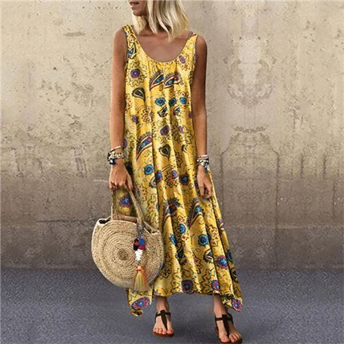 ELSVIOS Plus Size Women Floral Print Sleeveless Button Maxi Dress Elegant Bohemian Summer Long Dress Ladies O-Neck Vintage dress