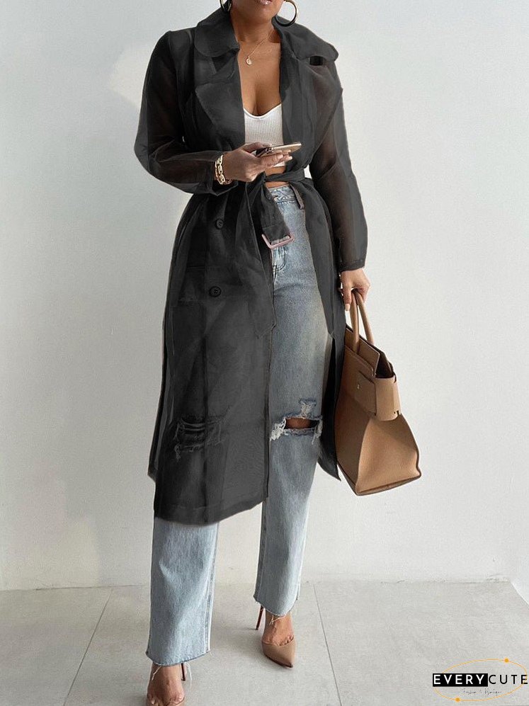 Cardigans Solid Lapel Mesh Lantern Long Sleeve Cardigan for Women