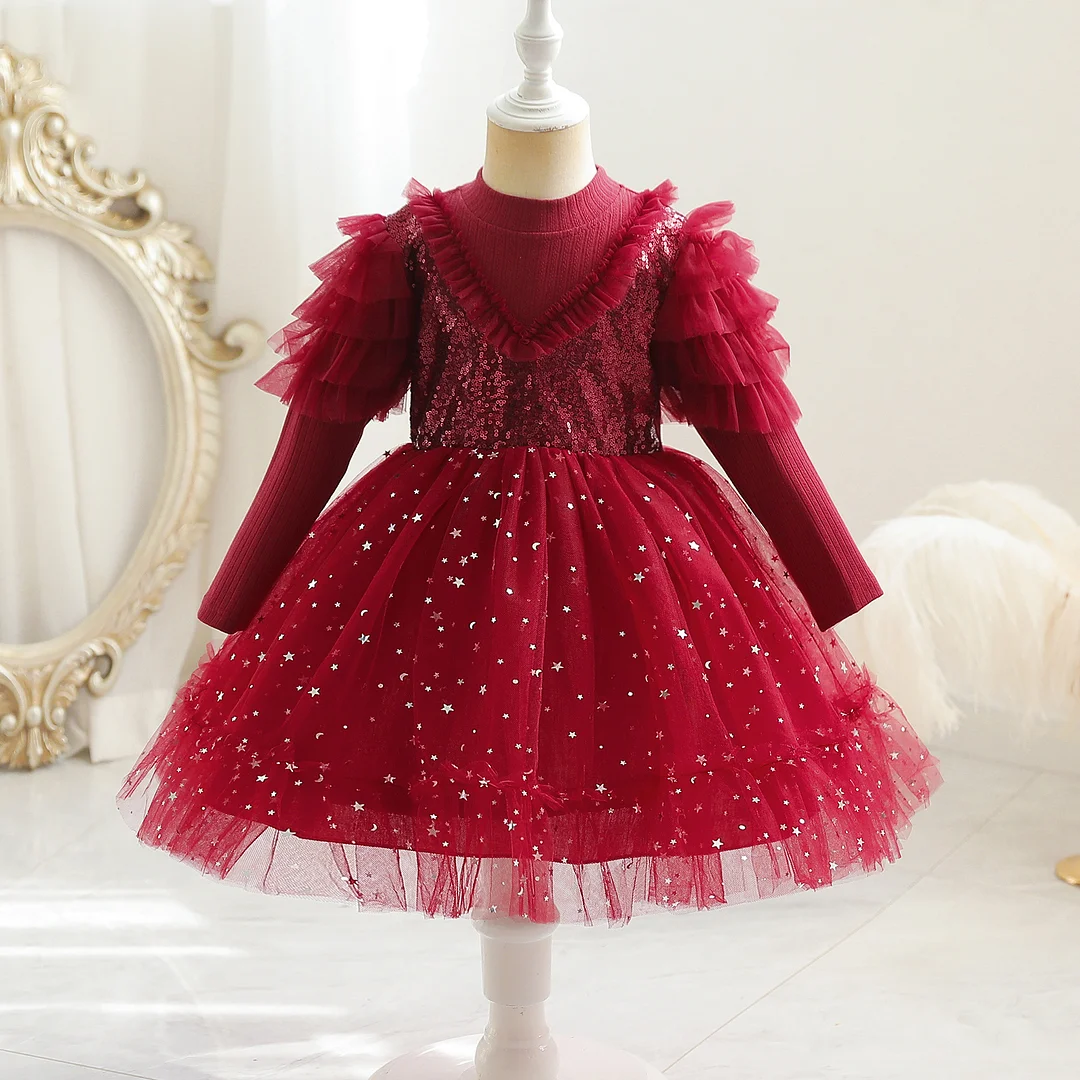 Girl's Red Long Sleeve Mesh Princess Dress for Spring and Autumn - Kids' Formal Dress with Net Yarn, Perfect for Special Occasions (89 characters)