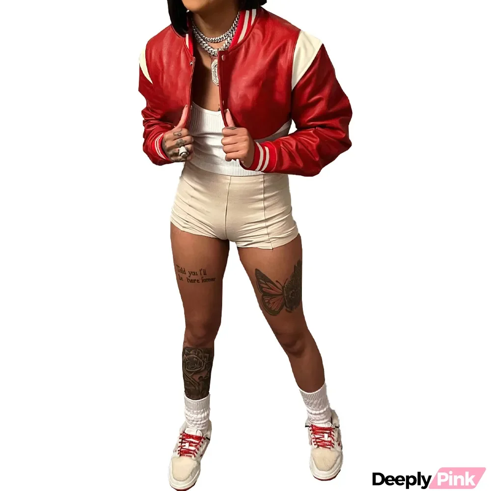 Women's Autumn and Winter Short Baseball Uniform Women's Leather Jacket