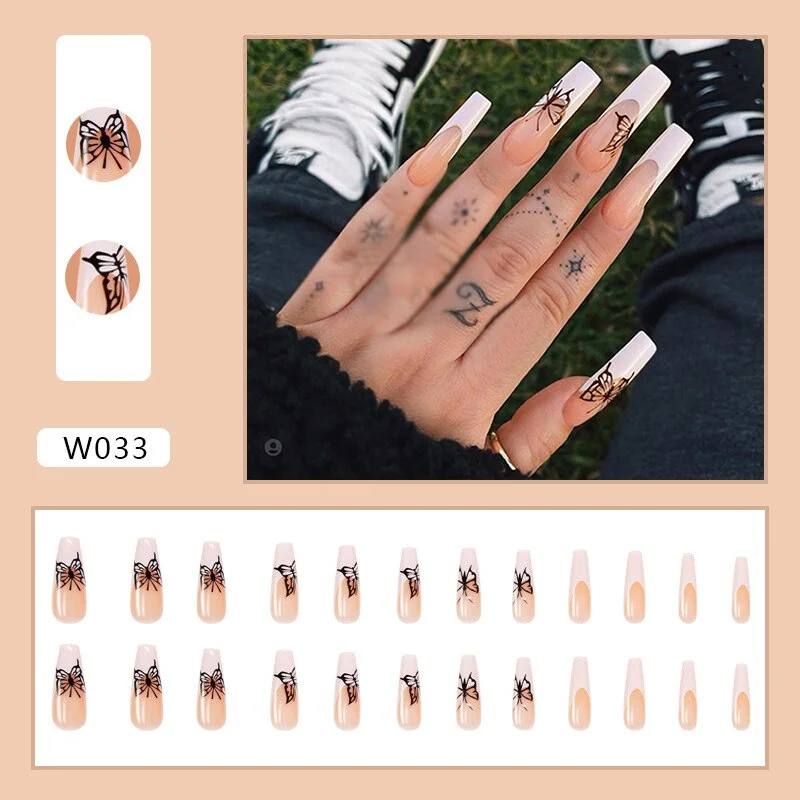 European Fake Nails Women Coffin MId Length False Nails Tip with Stripe Design Press on Matte Nail Patch for DIY Art Nail Salon-Nail Inspo