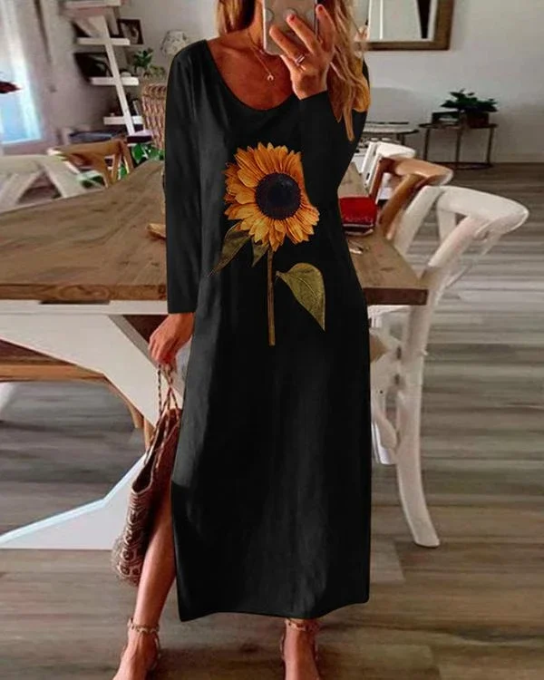fashion plus size sunflower print long sleeve dress p425757