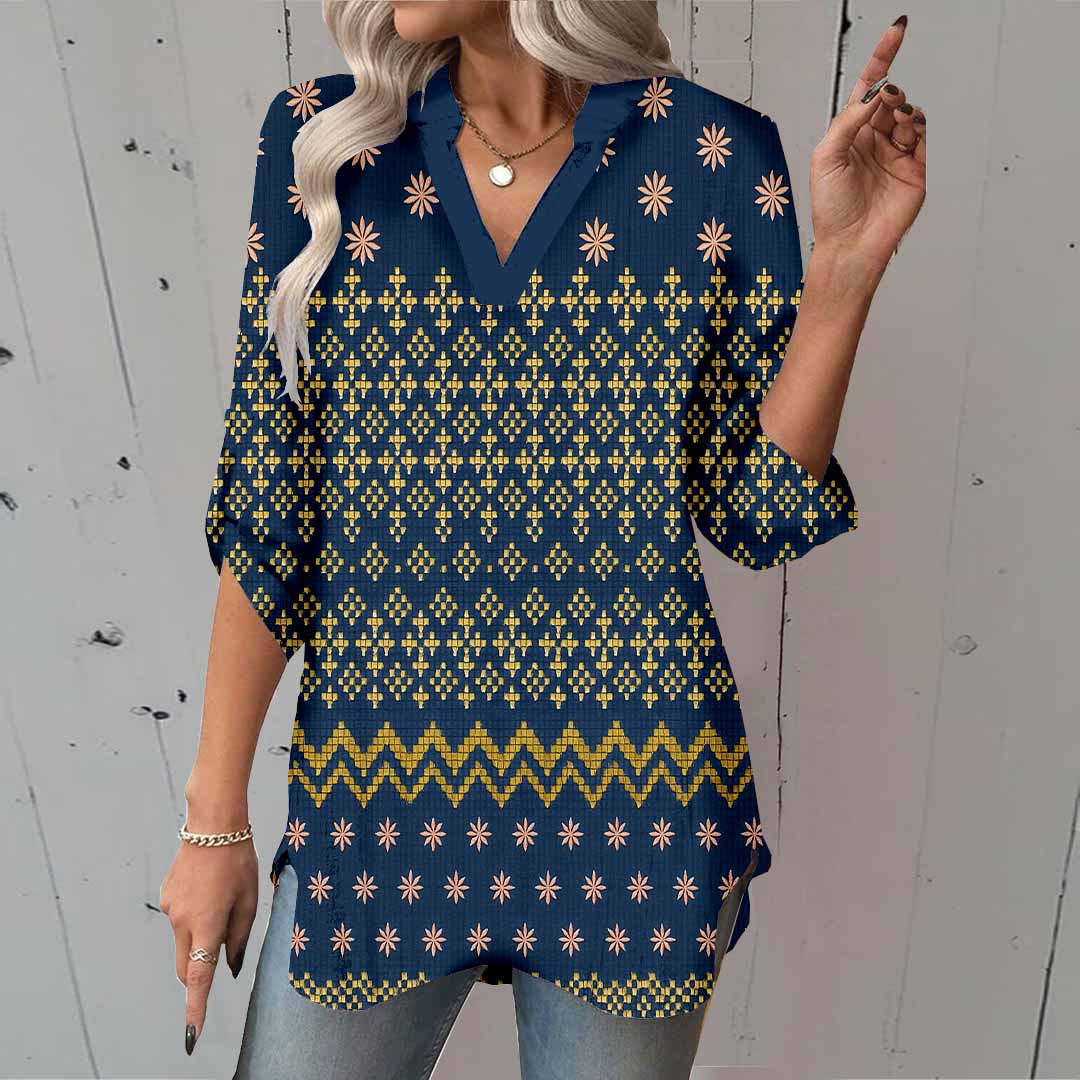 Women Retro Black, Gold DZGA0328 3/4 Sleeve V-neck Printed Graphic Button Tops