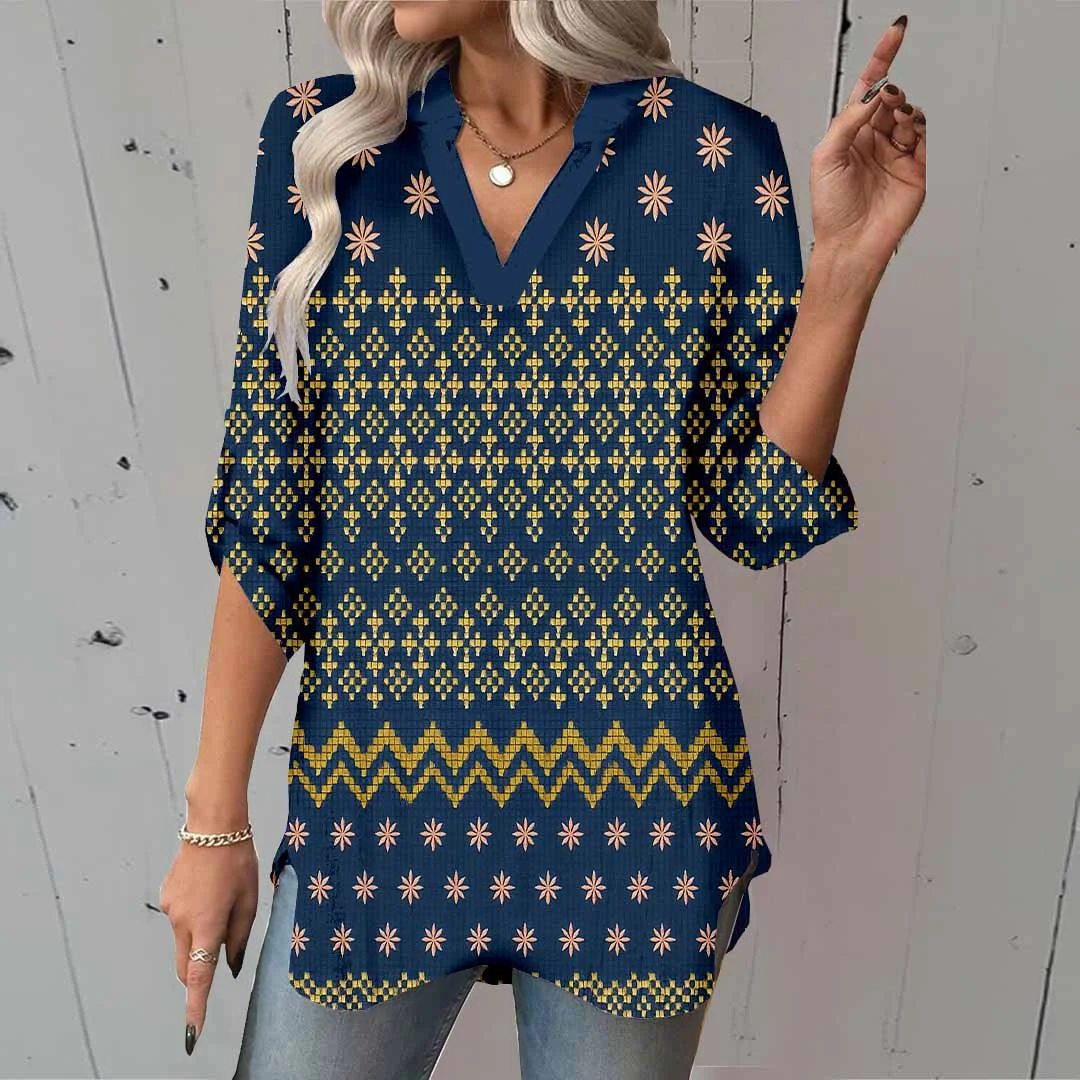 Women Retro Black, Gold DZGA0328 3/4 Sleeve V-neck Printed Graphic Button Tops