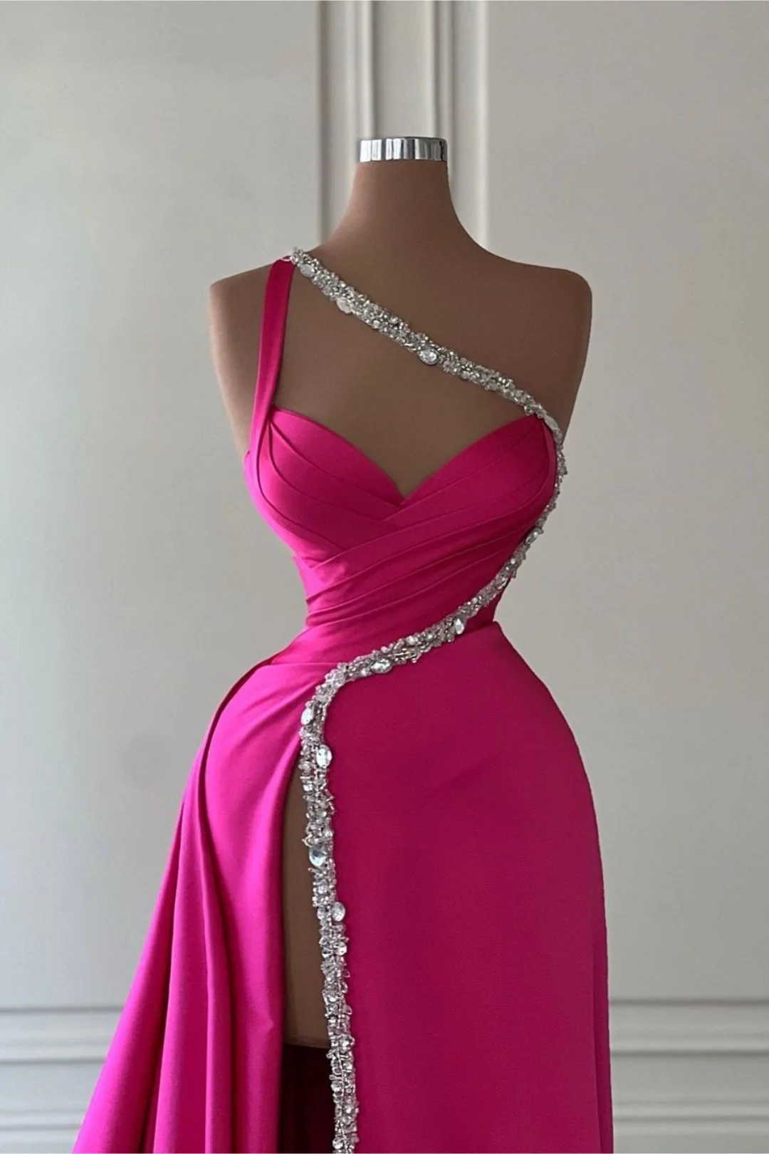 One Shoulder Fuchsia Formal Dresses Minimalist Sheath/Column Stretch Satin Long Formal Dress