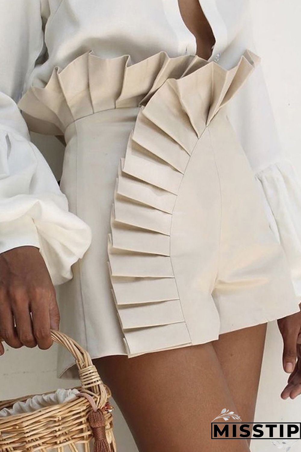 Cream White Casual Solid Patchwork Regular High Waist Conventional Patchwork Bottoms