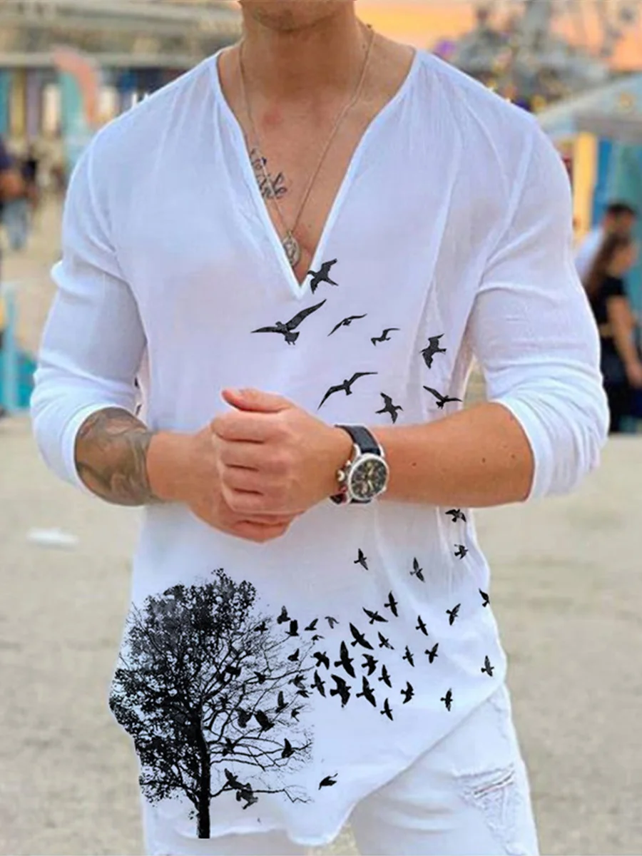 Men's casual V-neck flying bird print T-shirt