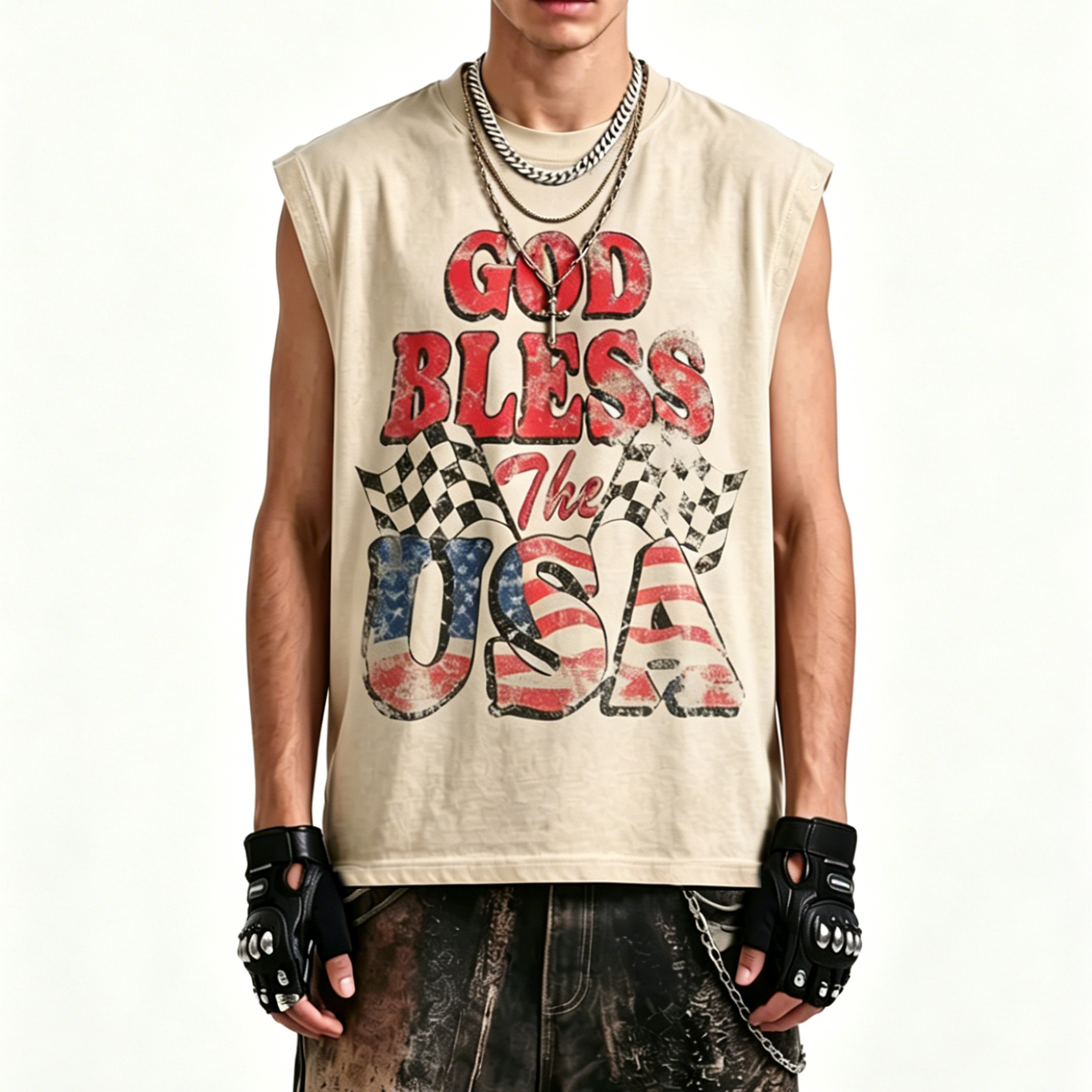 Retro Sleeveless God Bless Usa  Graphic Tank Top elevenforest