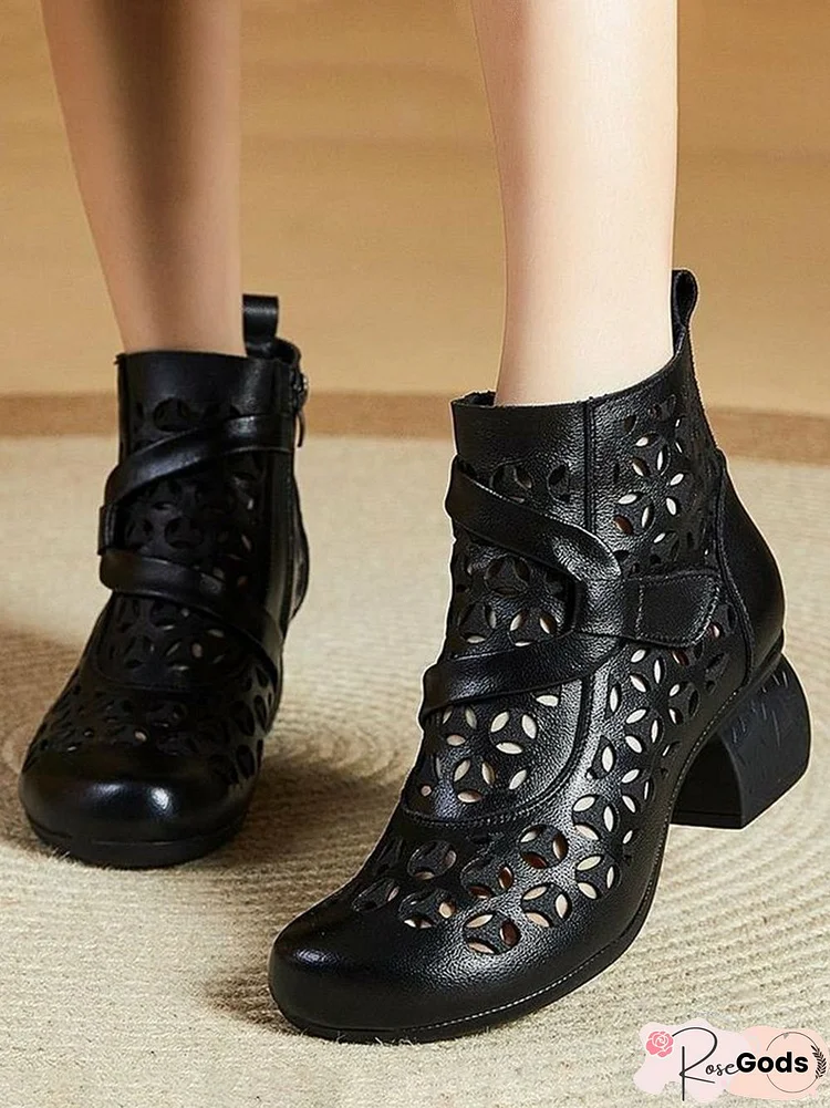 Vintage Cutout Chunky Heel Boots