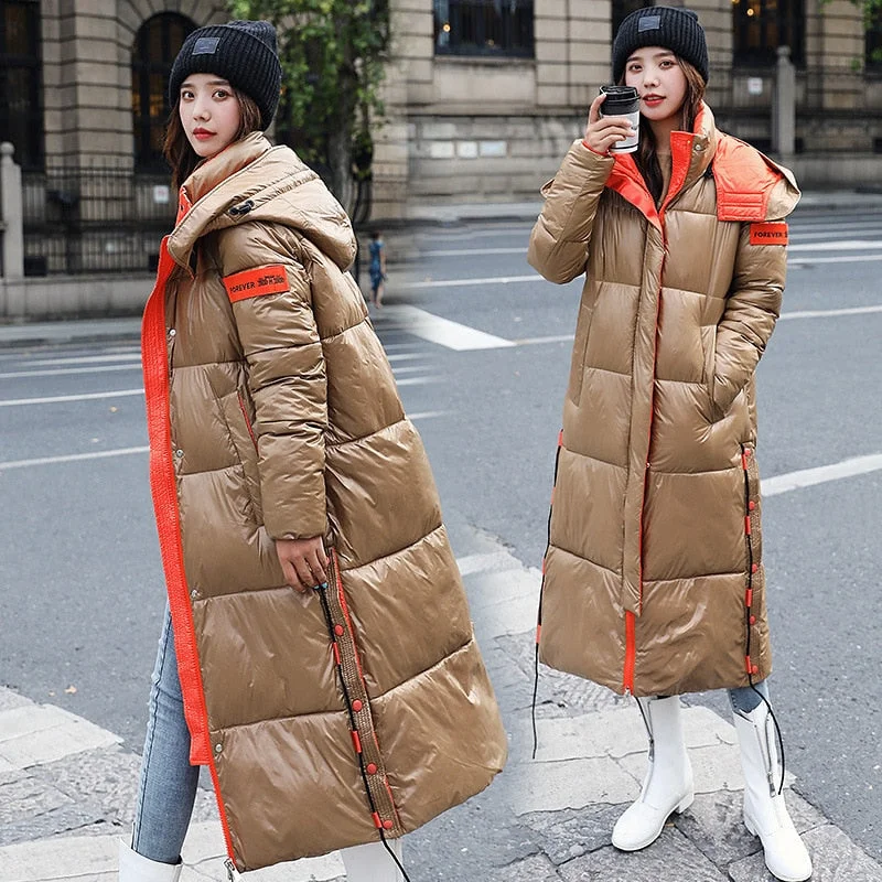 Snow Coat Padded Warm Jacket Glossy Down Jacket Winter Women Waterproof Coat Plus Size Thick Long Parkas Hooded Jaqueta Feminina