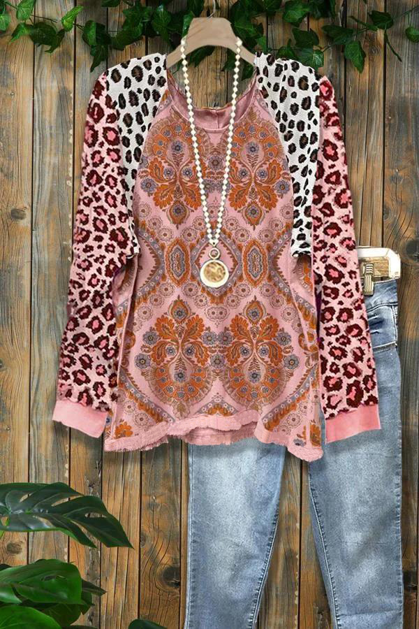 Colorful Leopard Print Frayed Sweatshirt