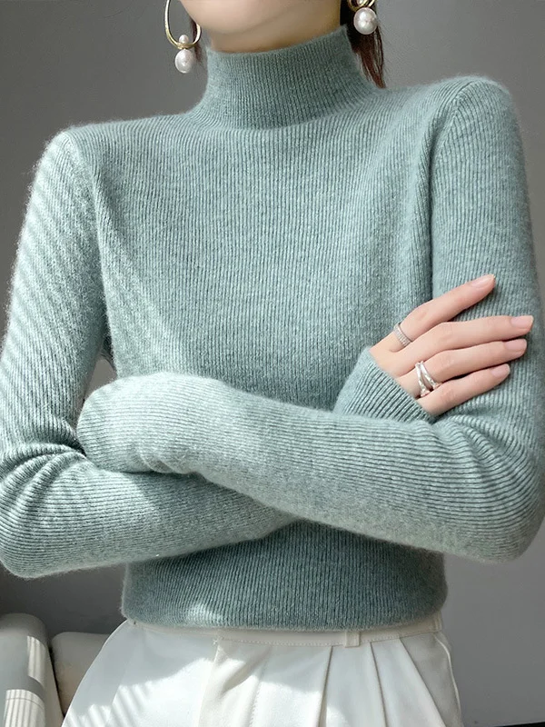 Casual Skinny Long Sleeves Solid Color Half Turtleneck Sweater Tops