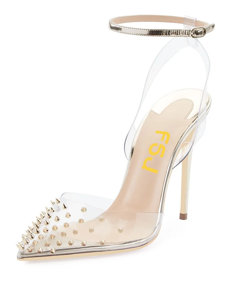Champagne Clear Sandals Closed Toe Rivets Ankle Strap Sandals |FSJ Shoes