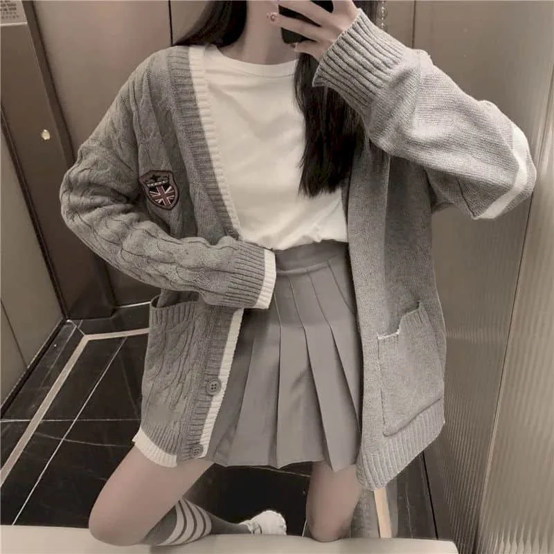 Preppy Style Cardigan Sweater+Long Sleeve T-shirt+Gray Pleated Skirt Suits SP15870