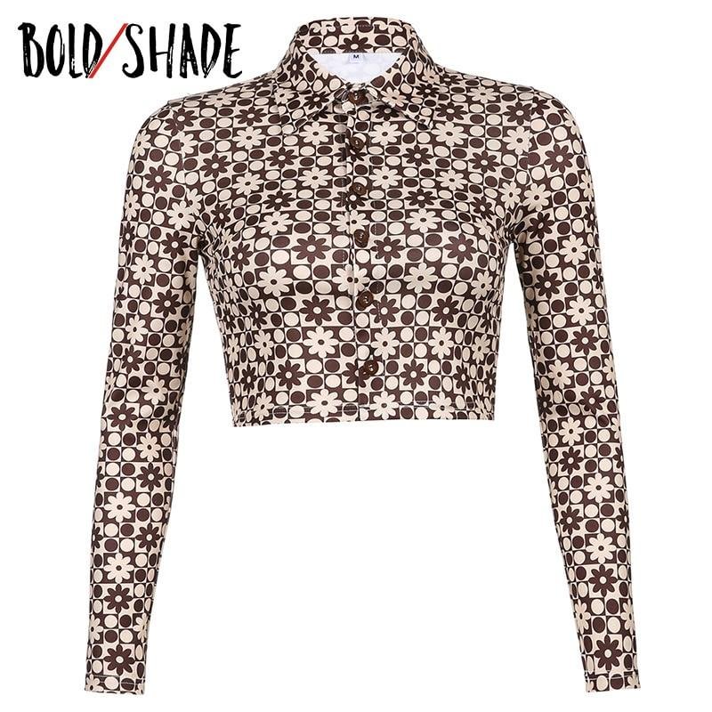 Bold Shade Retro 90s Grunge Style Crop Blouse Floral Print Long Sleeve Button Breasted Slim Shirts Women Indie Aesthetic Blouses