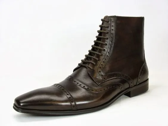 Men's Black Cap Toe Ankle Leather Lace-Up Boots