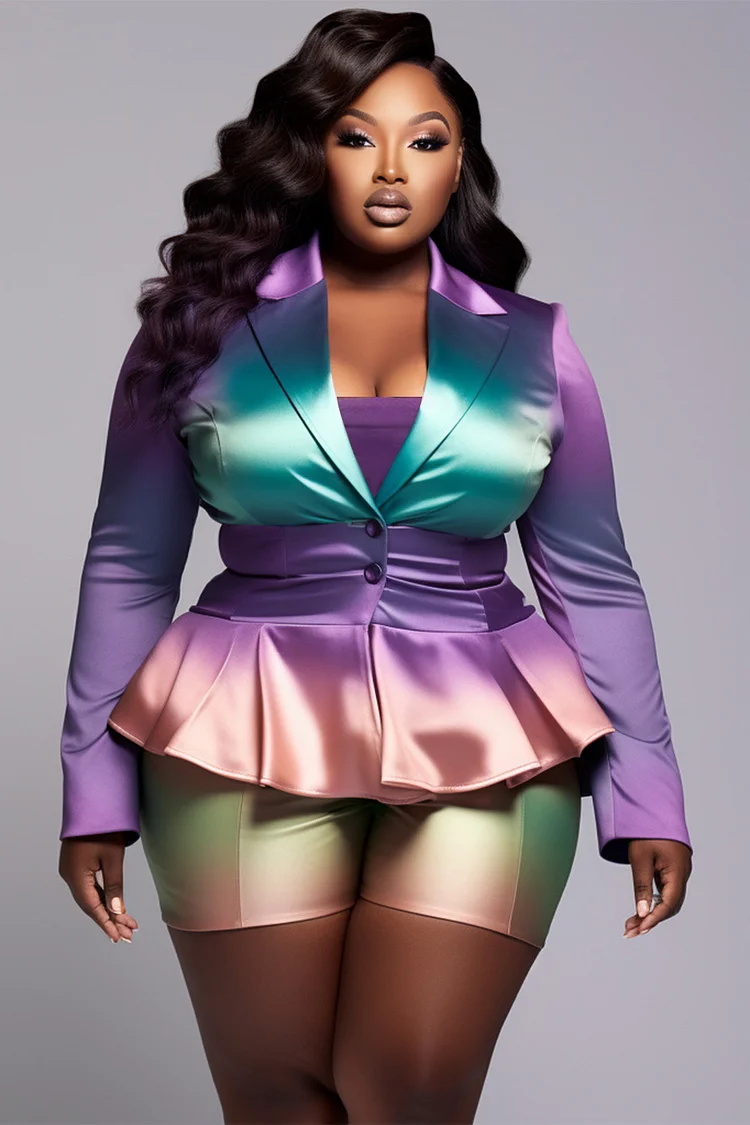 Xpluswear Design Plus Size Party Rainbow Gradient Lapel Collar Long Sleeve Ruffle Satin Two Piece Pant Suits [Pre-Order] 2024 - Xpluswear