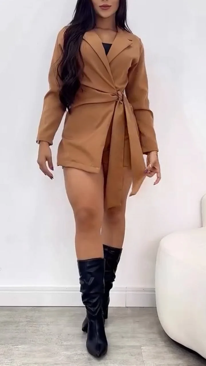 Women's Lapel Tie Waist Faux Two-Piece Romper