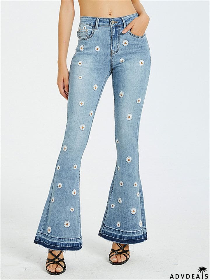 New Full Length Flower Embroidered Flare Denim Pants