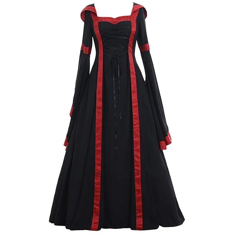 Brownm Vintage Swing Dress Square Collar Lace Waist Flared Sleeve Halloween Costume