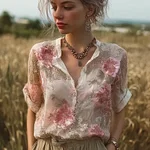 Bohemian Retro Pink Floral Pattern Women's Short-sleeve Shirt - Image 2