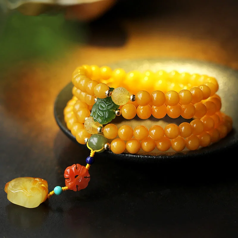 108 Mala Beads Beeswax Amber Jade Peace Meditation Necklace Bracelet