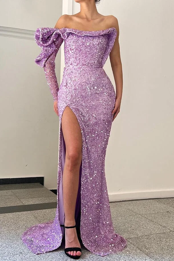 Gorgeous Lilac Long Sleeves Mermaid Prom Dress Sequins Split Off-the-Shoulder - lulusllly