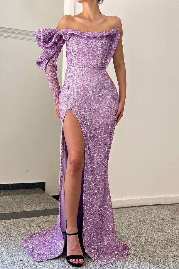 Luluslly Lilac Long Sleeves Mermaid Evening Dress Sequins Split Off-the-Shoulder