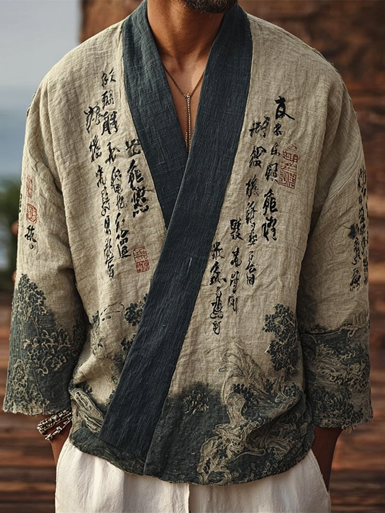 Men's Japanese Landscape Calligraphy Art Cozy Linen Kimono  artssus