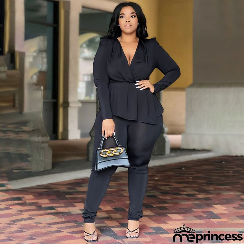 Women Fashion Plus Size Sexy Deep V-Neck Long Sleeve Top Pants Two-Piece Set