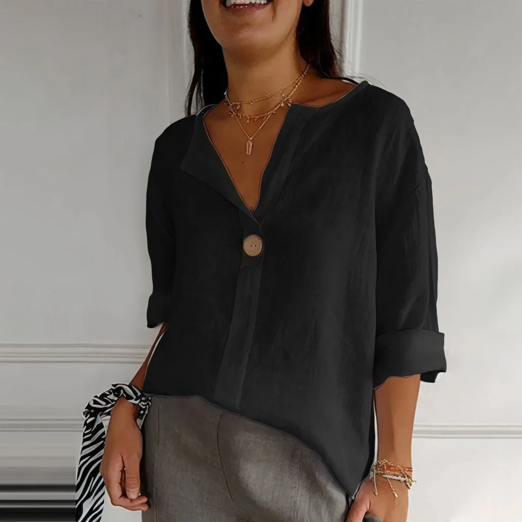 Nigikala Nigikala Summer New Loose T-Shirt Lady V-Neck Cotton Button Top