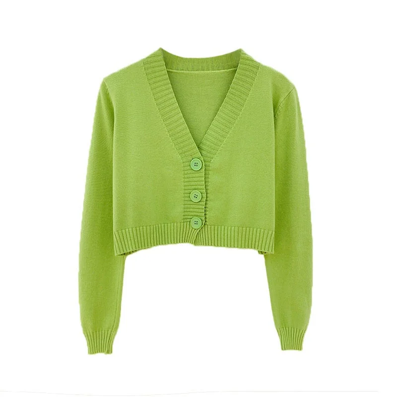 Knitted Crop Cardigan Women Korean Short Sweater Long sleeve V neck Green Blue