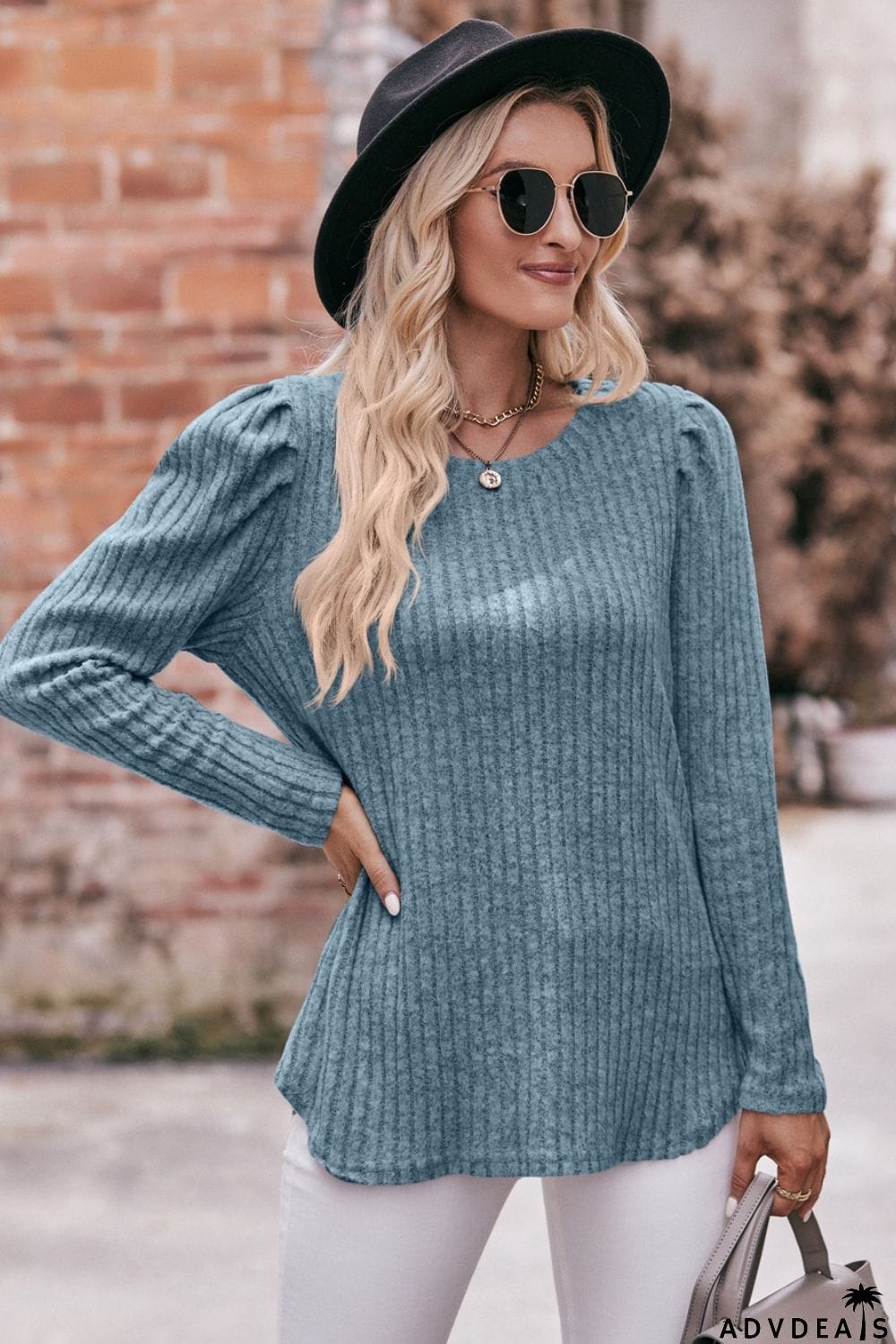 Double Take Round Neck Puff Sleeve Ribbed Top