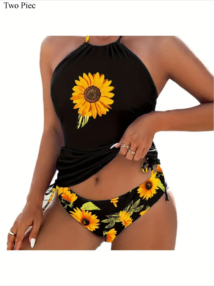 Women's Two Piece Swimsuit Set New Floral Print Sunflower Design, Halter Neck With Drawstring & High Waisted Bottoms For Tummy Control