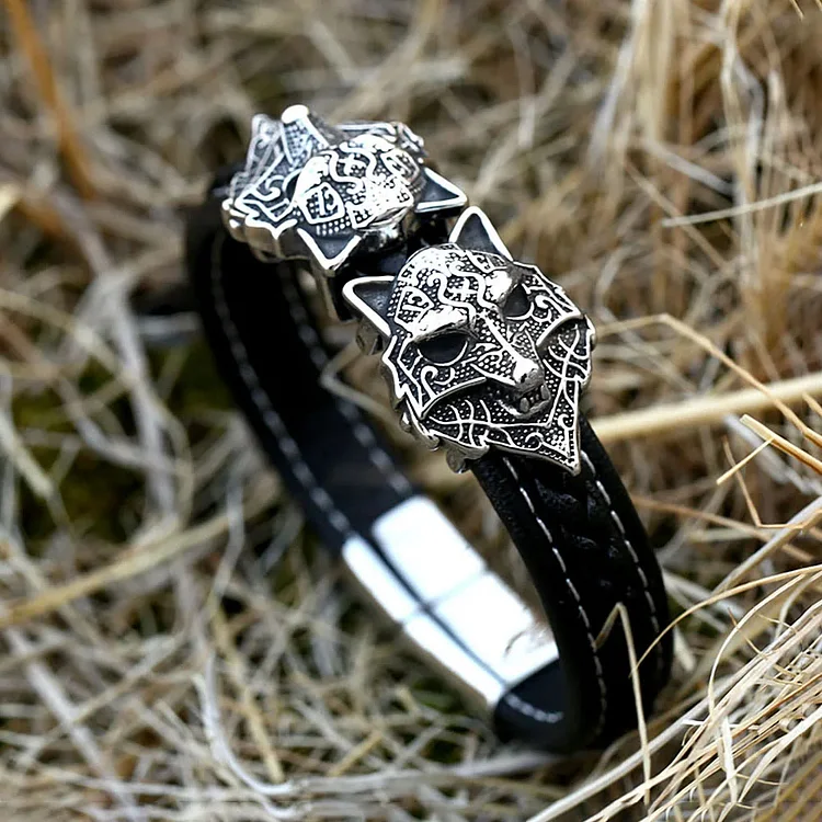 Coutureaura Double Wolf Head Leather Bracelet
