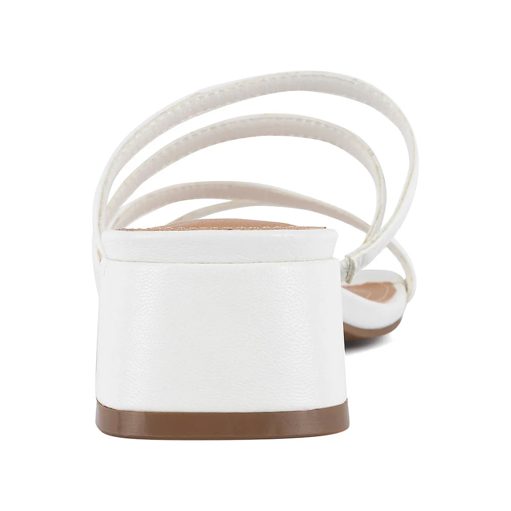 Vegan Leather Strappy Slip On Square Toe White Sandals for Women